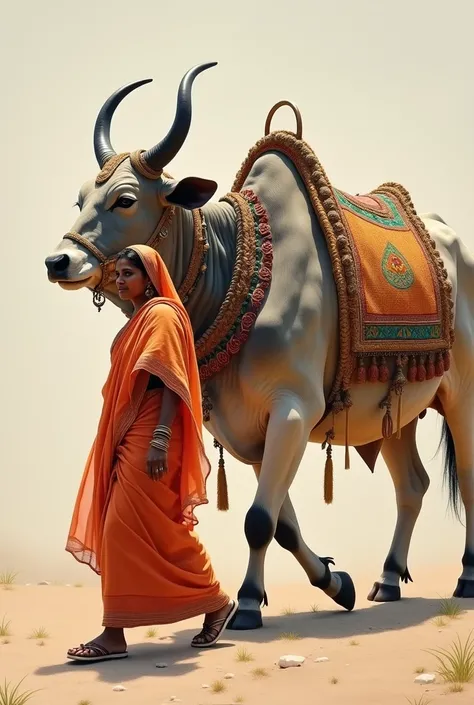 A rajasthani indian woman is walking with a big cow, the cow is wearing colourful jewellery,  close up side view,  oil painting with brush strokes visible, minimalist 