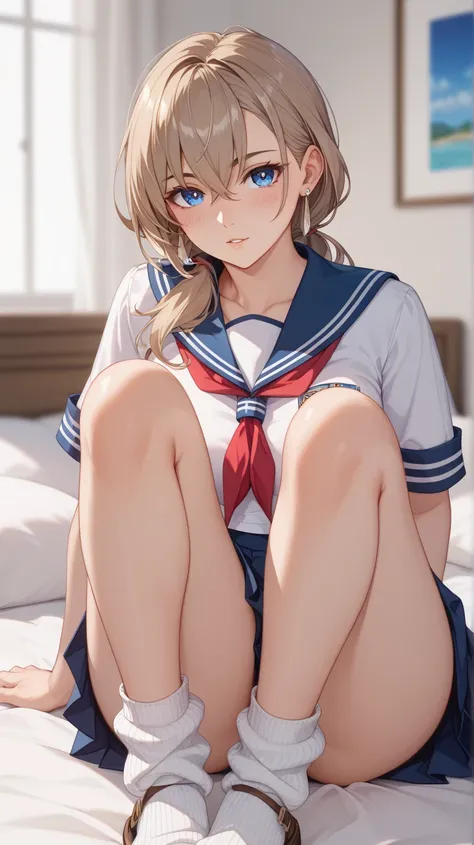  super high res、 top quality 、masterpiece、 high detail 、 very detailed、 accurately drawn body 、1 person、20-year-old woman、 Light Brown Hair、 Low Ponytail 、 bangs between eyes、Sideburns、 round eyes、 blue eyes、Glossy Eyes 、 textured skin、 summer sailor suit ...