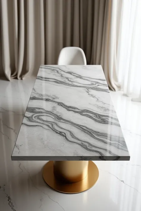 Professional 3D rendering of the design of a dining table made of expensive marble and matte golden myrrh of large size with relatively short pedestals and chairs of white silk and curtains of white silk and a floor of white marble