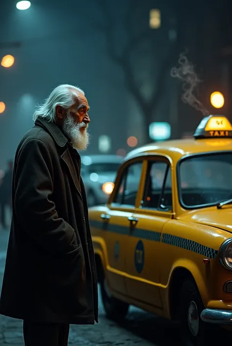 an old man talking to a man near a taxi at night, his appearance with a beard and white hair