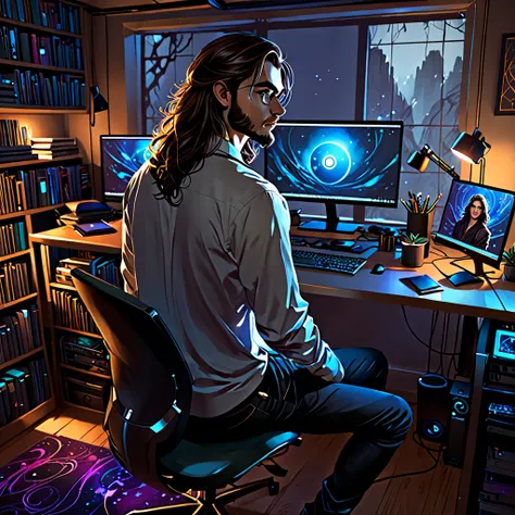 in the style of Charlie Bowater, (UHD), student, computer scientist, in his den, with his back to his computer, small belly, long hair, unshaven 