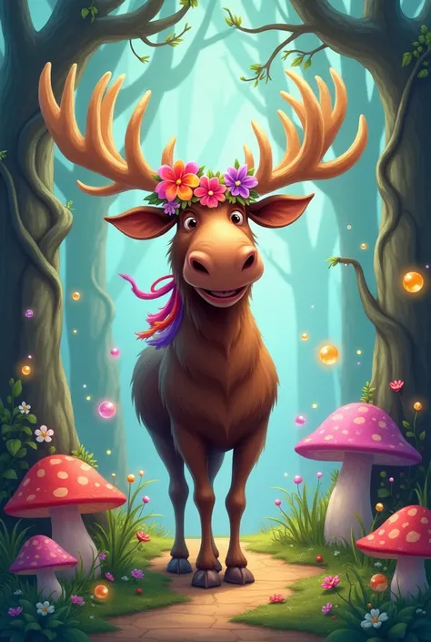 Smiling Moose at the junction of an animated fairy tale 