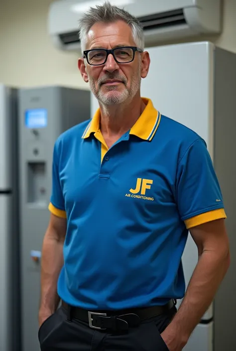  A character with a slightly mottled body ,  from the refrigeration technician area ,  gray hair , black and white. 39 year old guy, adult,  with prescription glasses with rectangular lenses, with the blue shirt,  the Polo collar of the yellow jersey ,  at...