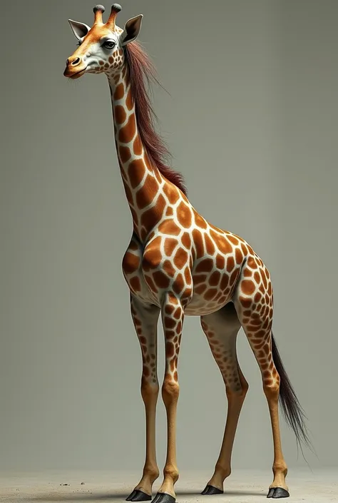 A full-body photo seen from below of an anthropometric giraffe with giraffe skin and its hair being 