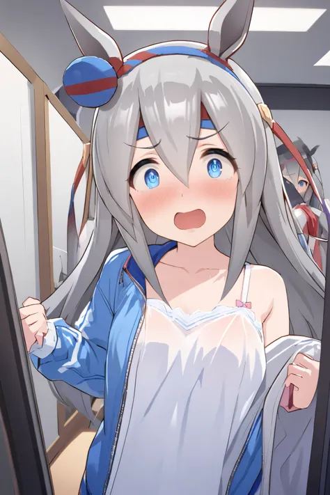 NSFW,masterpiece, top quality , high res, very detailed, tamamocross (Uma Musume)、Horse&#39;s ears、 ear covers、 horse tail、Gray Hair、 long hair、 hair bow、 hair between eyes、 blue eyes、 hair ornament、 headband, nightgies , lingerie,Fitting Room, surprised f...