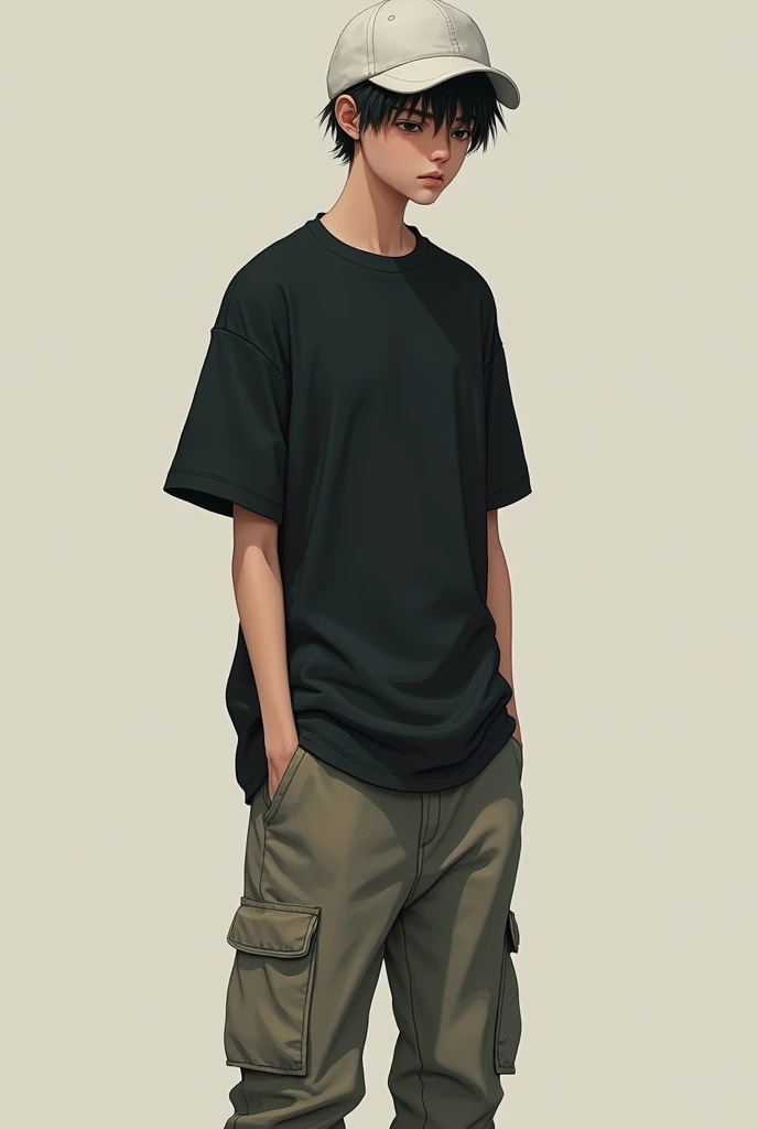 tall teen Boy wearing balck colour oversized t shitrt and cargo pant he look below and white cap in his