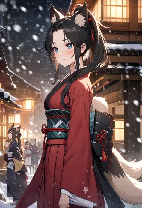 Black hair, long hair, ponytail, cat ears, fox tail, japanese clothes, japanese armor, [[:3]], snowing