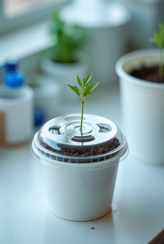 A white lab cup with treated soil, no plants, covered with a plastic cover and holes for ventilation 