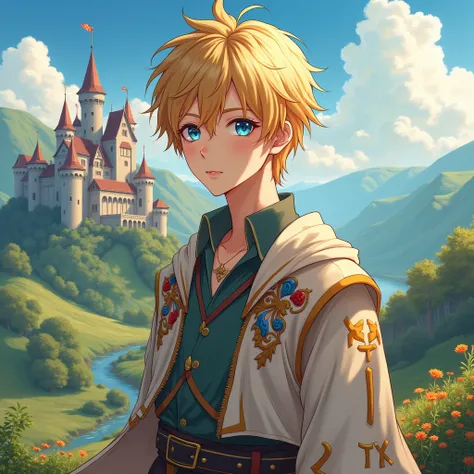 Anime boy with blond hair and blue eyes in medieval times