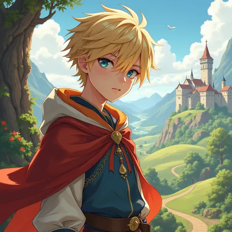 Anime boy with blond hair and blue eyes in medieval times