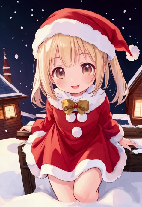 masterpiece, top quality , high res,Anatomical,Realistic, detailed description , perfect lighting,8k,kawaii,Snow Scene, on the roof,chimney, Giveaway, Santa Claus Costume ,(( 1 )),Baby Face,Petite,flat body ,smile,Jagged teeth,