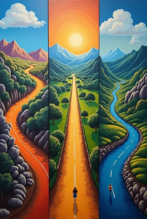 Three Roads, One Destination

Separate Paintings: Each person paints a unique road or path, featuring elements that represent their life journey (e.g., landmarks, challenges, or achievements). Ibclude the reunion