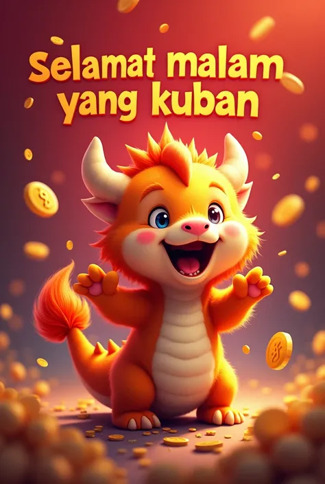 there is a colorful text "selamat malam Yang kuban² share rezeki" poster design，Cute little dragon is so happy，hairy，（There are many gold coins in the air），red background blur，