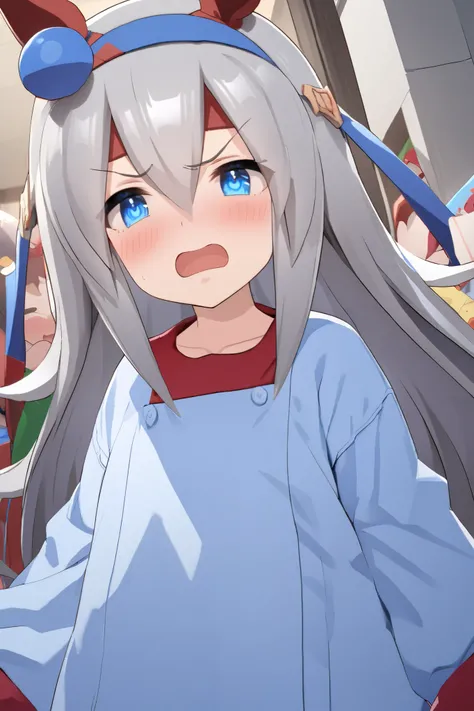 NSFW,masterpiece, top quality , high res, very detailed, tamamocross (Uma Musume)、Horse&#39;s ears、 ear covers、 horse tail、Gray Hair、 long hair、 hair bow、 hair between eyes、 blue eyes、 hair ornament、 headband, nightgies ,Kindergarten clothes,Smock,Angry fa...