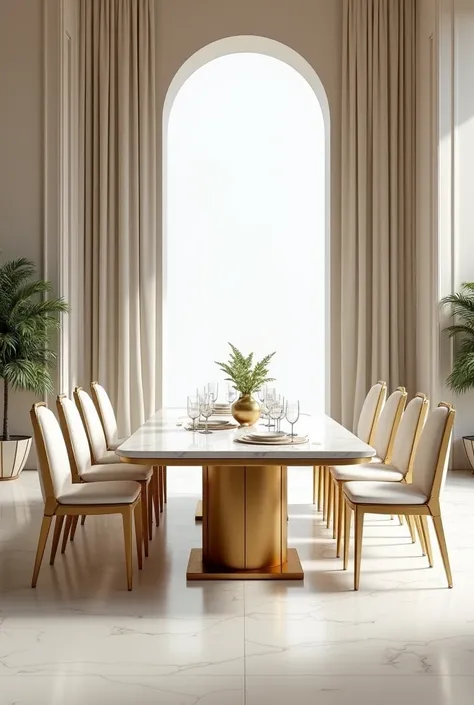 Professional 3D rendering of the design of an expensive marble dining table in matte gold color and matte golden myrrh of large size with relatively short pedestals and chairs of white silk and curtains of white silk and floor of white marble