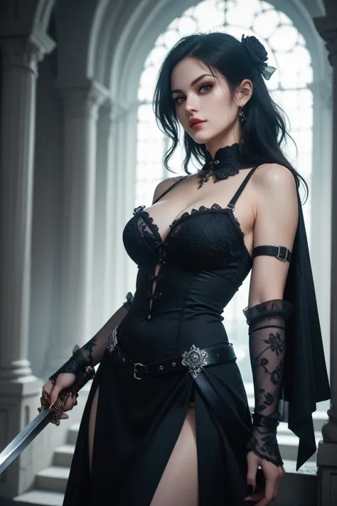 Sexy gothic woman warrior holding sword under moonlight