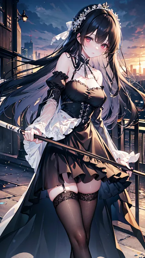  ultra-realistic，8K , CG,  flawless,  Back to the city  ，    Lovely expression    ,   intricate details  ,  Long black hair ， Beautiful legs of a girl in a chiffon gothic dress and stockings,     are of the best quality  , 真实照片