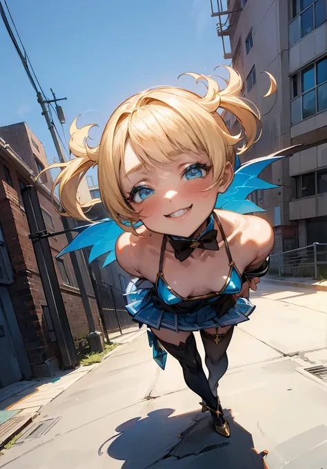 1 petite, slender girl,  metallic blue bikini, lips, open_mouth, Realistic city, Alone,(masterpiece),  ULTRA DETAIL, ( highly detailed skin that destroyed the city:1.2),( top quality :1.0), ( super high res:1.0), Blonde, Blue-eyed girl with middle bob hair...