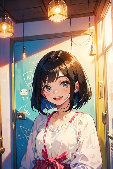 cute woman with black hair bob hair smiling happy happy cute room pop room 