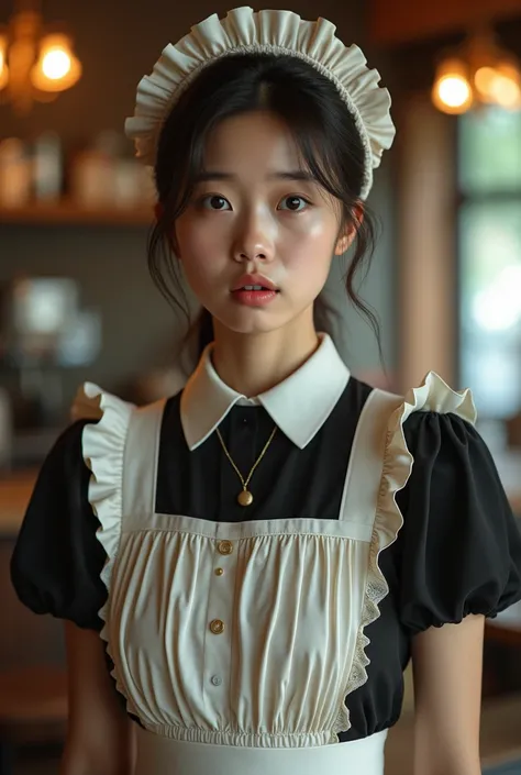 (high quality, surreal, high resolution, 8k image quality) An American maid, 18 years old beatiful, dressed as a maid, stands coffee store, surprised,shock face, crying, looking camera, vibrant colors, sharp focus, cinematic light, (extremely complex: 1.04...