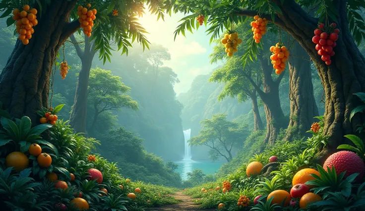 a jungle full of various fruit on the trees, cinematic mood