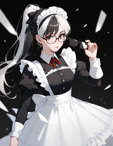 1 person,girl, white hair, Ponytail, in black eyes,Wear glasses, long sleeve ,thin,Maid outfit,Dead Faces,Assassin,Multi-colored hair, black hair, white hair,cute,tidy, long skirt,tights, Black Pony ,square glasses,milf