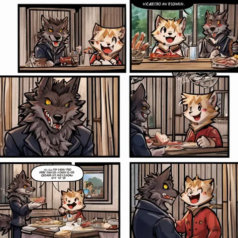 (part々Make a comic with 4 scenes about a cute werewolf that makes you happy)、A cute werewolf story 、 4 scene comics where they present delicious meat、 A werewolf with a happy faces smile is cute、 A werewolf comic with happy flesh 、