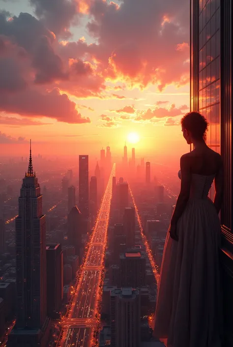 A sunset over an elegant city, View from a skyscraper .