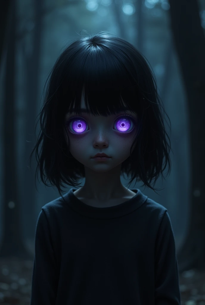 A small girl with bright violet eyes in the dark with a serious expression