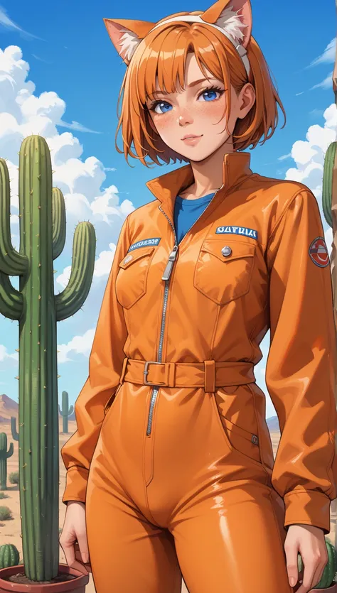 масляная живопись аниме 90-х, динамическая поза, orange jumpsuit, cat ears, freckles, orange short hair, cactus fake penis, blue eyes, blush