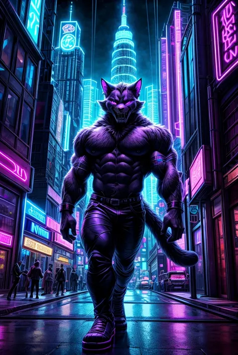  "A muscular humanoid cat with large sharp teeth standing in a bustling cityscape. The character has an athletic build with feline features, including pointed ears, sharp eyes, and a bushy tail. The setting features modern skyscrapers, glowing neon signs, ...