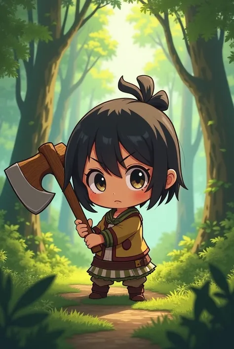 Chibi girl  guge axe wood  forest   angry 