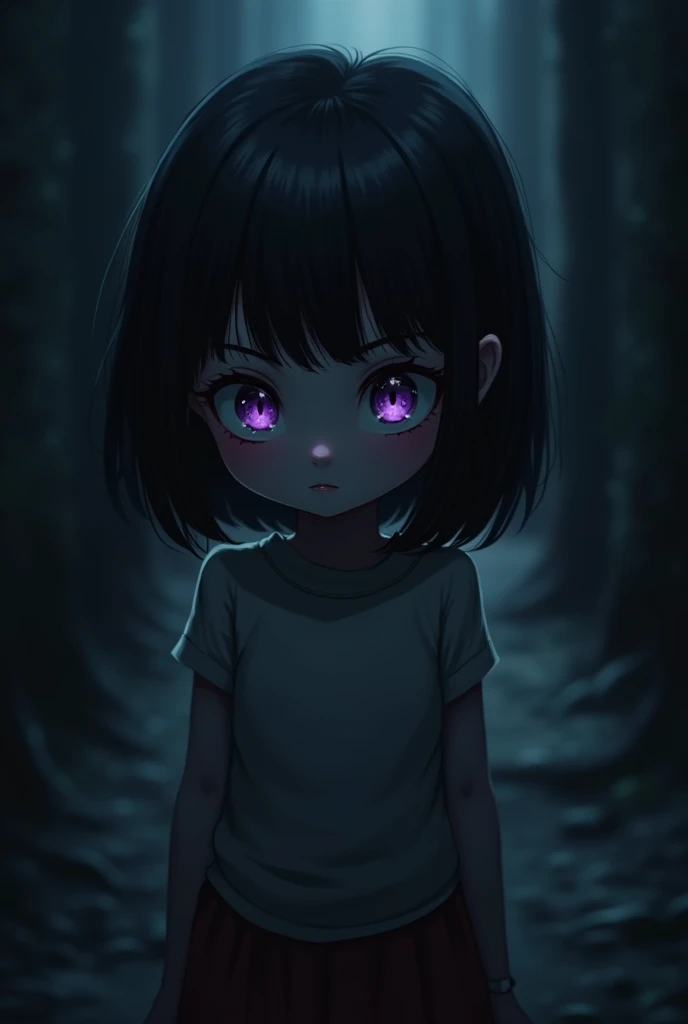 A small girl with bright violet eyes in the dark with a serious expression