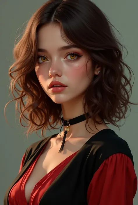 Beautiful girl with wavy long dark chestnut brown hair , with yellow eyes , wearing black and red causal outfit
