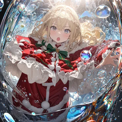   very detailed, 8k, Glass, Water in a Glass, Glassクリスタル, bubble,   Darg Goldwater   , Nice, Girls Inside  、   short blonde hair ， is wearing Santa Claus clothes，  splash