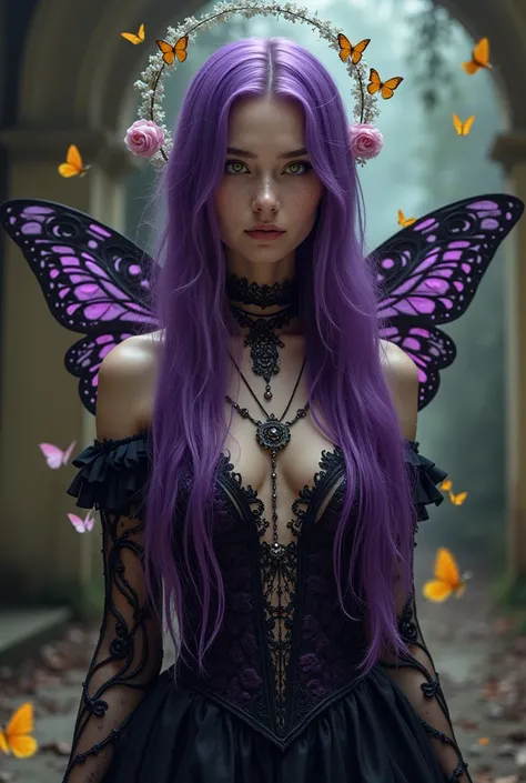 Valor Deep purple hair beautiful woman with long hair brown glowing eyes apperance with silk yellow and crystal jade flowers floating in the air around her chest and arms  apperance in the Citrine storm and violet tempest with the amazing vibes of lovable ...