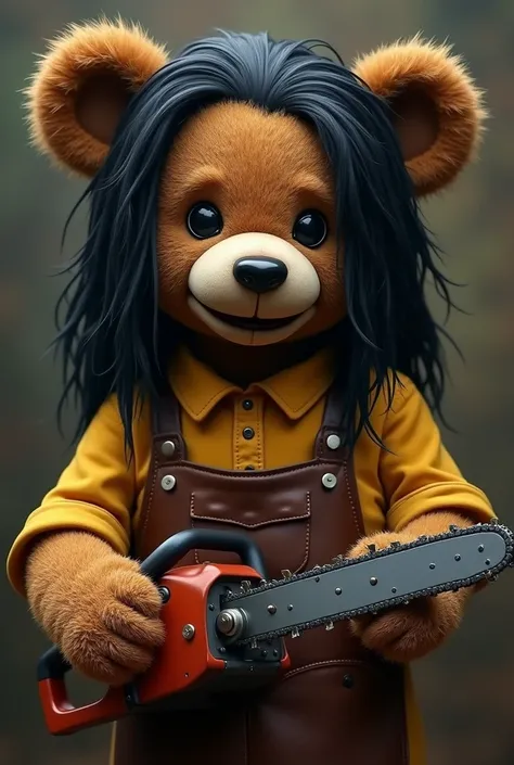  a horror teddy bear with long black hair, a closed brown leather muzzle ,hiding the muzzle and nose ,wearing a yellow shirt with the sleeves rolled up ,a leather apron ,and in the hands a long bladed chainsaw