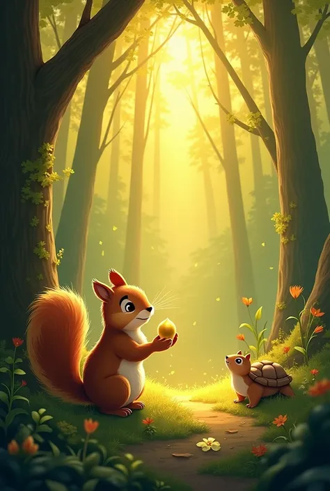 **Title:** *The Golden Acorn*  

### Characters:  
1. **Chip** - A curious and kind squirrel.  
2. **Grumble** - A grouchy but wise old tortoise.  
3. **Snip and Snap** - Two mischievous bluebirds.  
4. **Breeze** - A playful wind spirit.  

---

### Plot:...