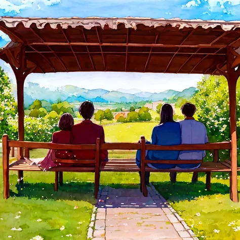 in watercolour, view from side, young couple sitting and talking on a bench.