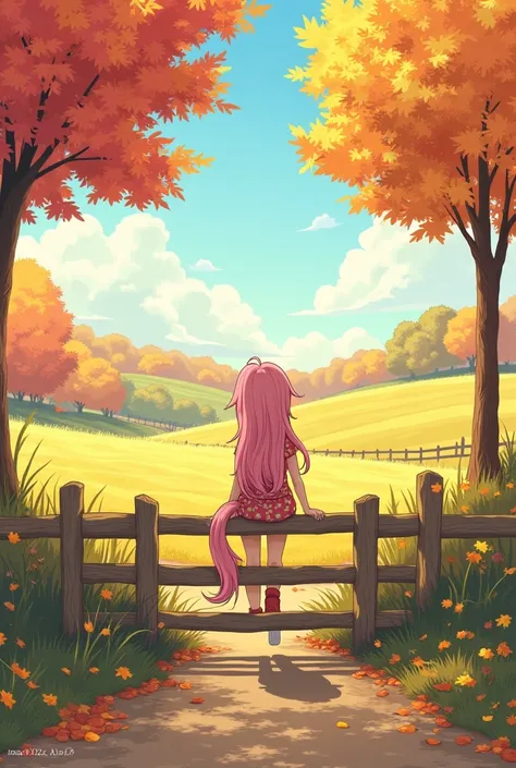  (lines and ruled paper style:1.4), (anime illustration:1.2), Equestria Girls character sitting on a rustic wooden fence in a countryside setting, surrounded by ruled paper lines seamlessly blending with the scene,  
fields and trees in the background, vib...