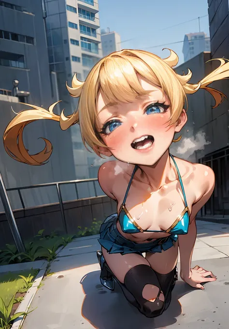 1 petite, slender girl,  metallic blue bikini, lips, open_mouth, Realistic city, Alone,(masterpiece), ( highly detailed skin that destroyed the city:1.2),( top quality ), ( super high res), Blonde, Blue-eyed girl with middle bob hair,  Sunshine , ( Beautif...