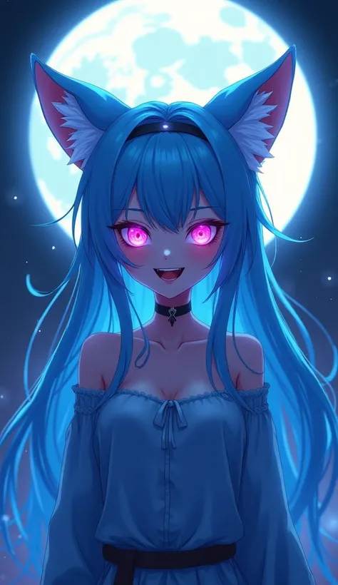 (Best quality,8K,high resolution,masterpiece:1.2),Digital Artwork, Anime fox girl，Delicate face，Delicate eyes，glowing blue Hair，long and straight hair, gamer style blue clothes, yandere girl, yandere evil laughing expression, badas stylized anime pose, bad...