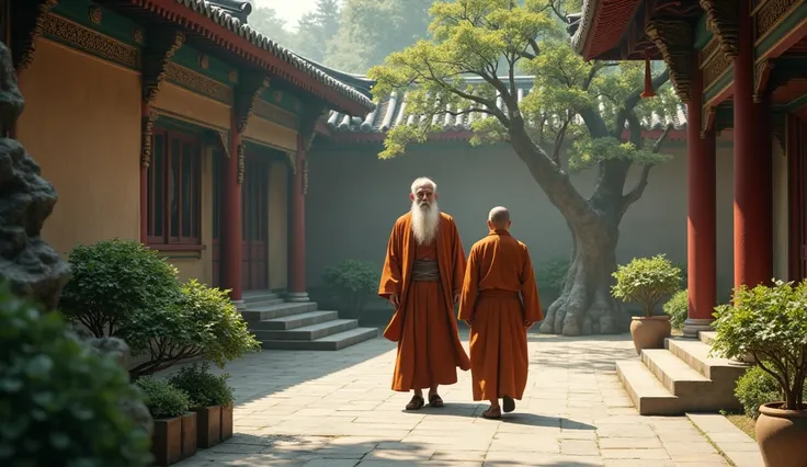  monk with a wise faced white long beard, walking with his disciple in the courtyard of his temple 