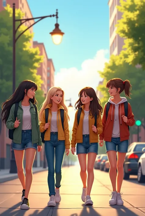 Four girl friends on the way to school on a Monday morning