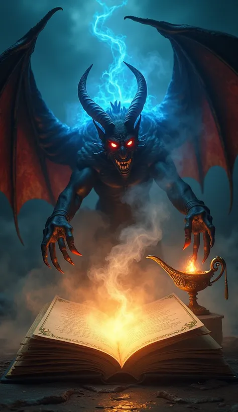 Create a hyper-realistic image of the mysterious glowing book from earlier, now open, with dark, swirling smoke emerging from its pages. From the smoke, a demon and a genie materialize. The demon is a terrifying figure, with red, glowing eyes, sharp horns,...