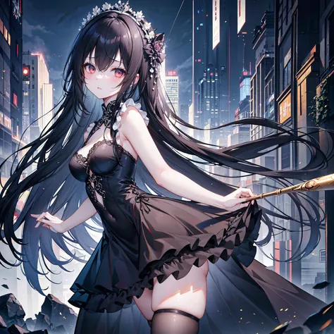  ultra-realistic，8K , CG,  flawless,  Back to the city  ，    Lovely expression    ,   intricate details  ,  Long black hair ， Beautiful legs of a girl in a chiffon gothic dress and stockings,     are of the best quality  , 真实照片