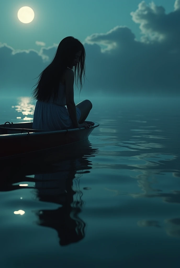 3d photo realism image of a beautiful black haired Indonesian woman with sad beautiful eyes sitting and looking at her reflection in the clear sea water from a boat. mysterious etheral magical misty moonlight  