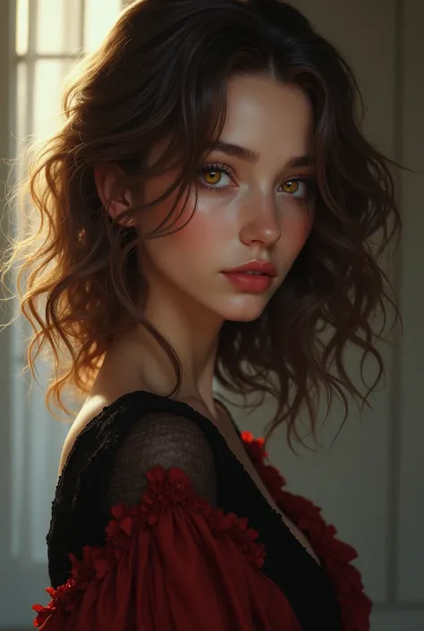 Beautiful girl with wavy long dark chestnut brown hair , with yellow eyes , wearing black and red causal outfit
