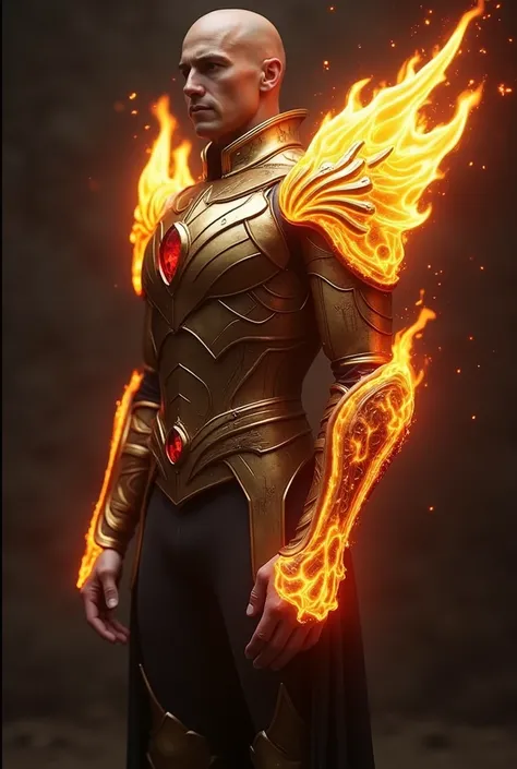 Golden celestial looking armguards which cover hand arm up to the shoulders. They are covered by flames across them. Should incorporate a red gem which shouldnt be shaped as a Sphere, orb, or round form.