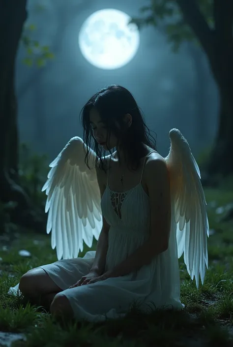 Beautiful Vampire under the moonlight while hurt with bird wings while sit down on the ground